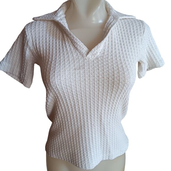 Small Vintage 80's Cream Short-Sleeve Textured Knit Collared Top Greenwalt Mom - Picture 2 of 6